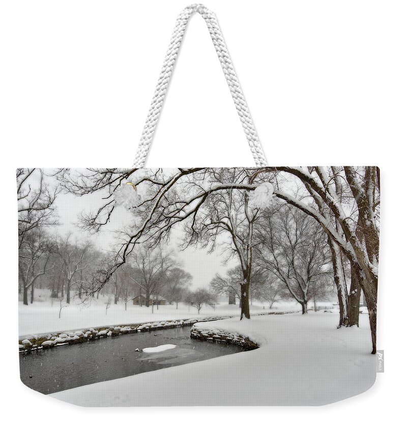 Wi Weekender Tote Bag featuring the photograph Lake Leota Park Winterscape series - View from first disc golf teepad - Evansville WI by Peter Herman