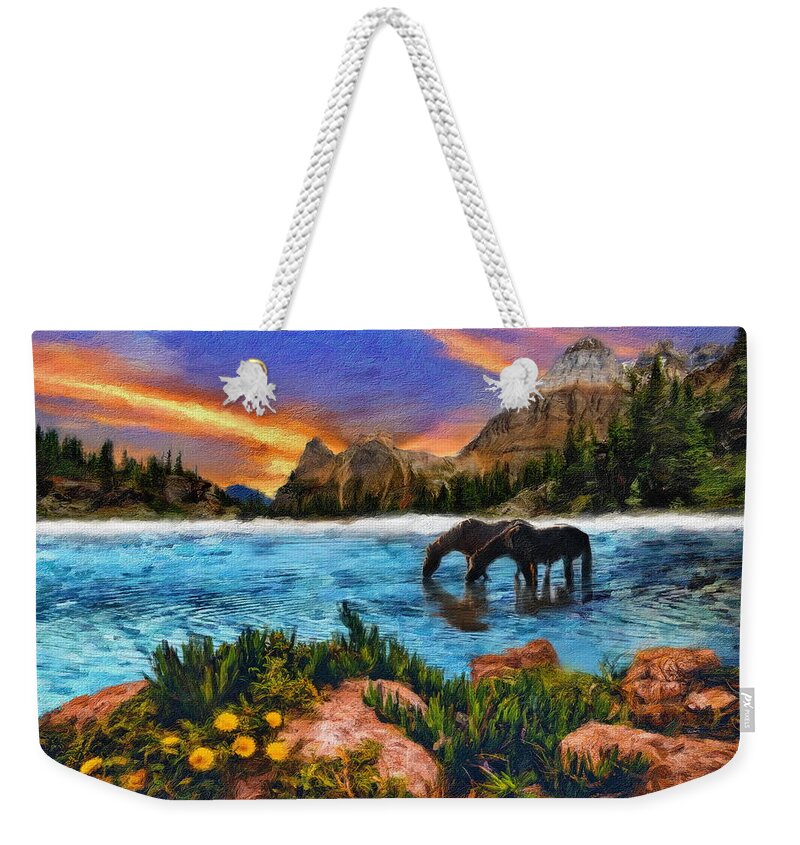 Horse Weekender Tote Bag featuring the digital art Lake Mountains at Sunset by Russ Harris