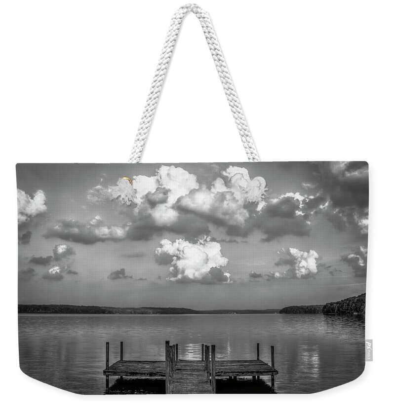 Reid Callaway Lake Oconee Dock Weekender Tote Bag featuring the photograph Lake Oconee Dock B W Landscape Lakelife Art by Reid Callaway