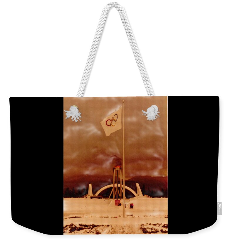 Landscape Weekender Tote Bag featuring the digital art Lake Placid Olympic Flag and Flame by Russel Considine