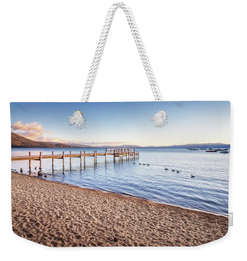 Photograph Weekender Tote Bag featuring the photograph Lake Tahoe Beach Panorama by Gary Geddes