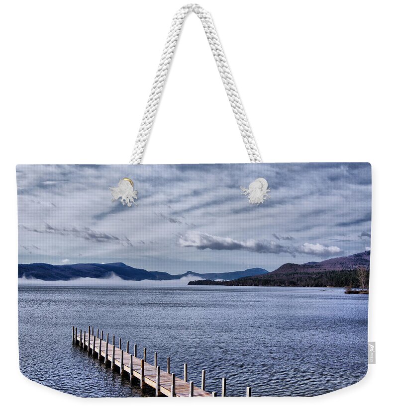 Lake Weekender Tote Bag featuring the photograph Lake View Clouds and Dock by Russ Considine
