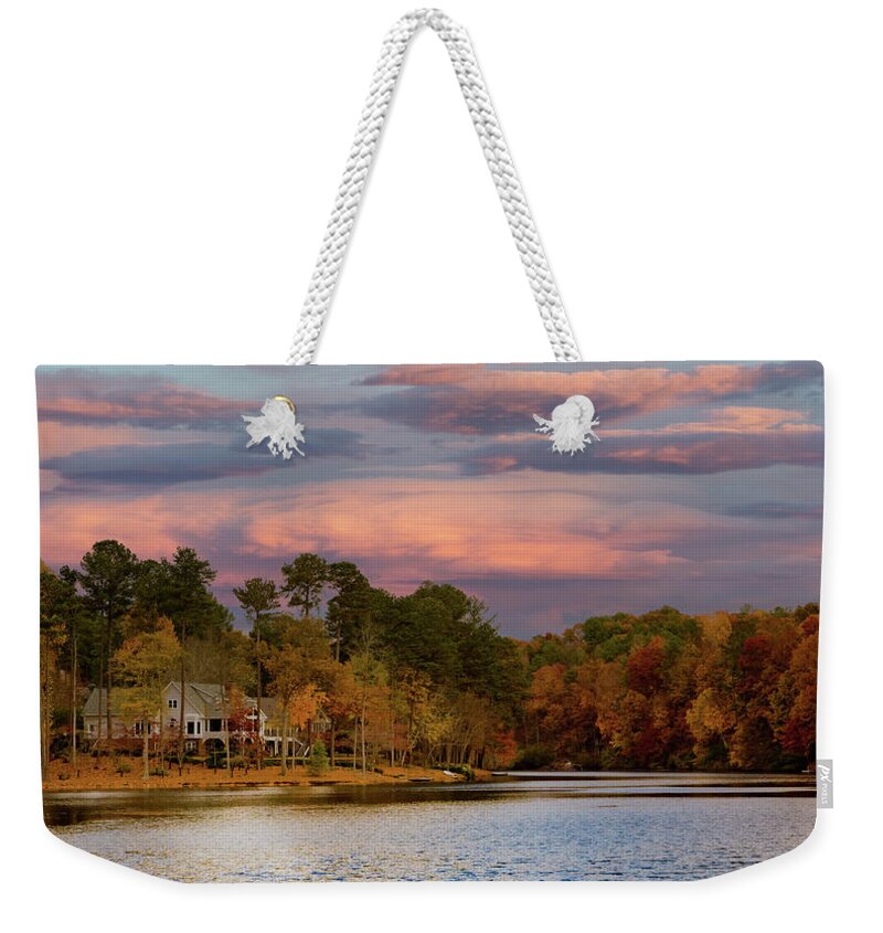 Buildings Weekender Tote Bag featuring the photograph Lakeside Home in Sunset Sky by Darryl Brooks