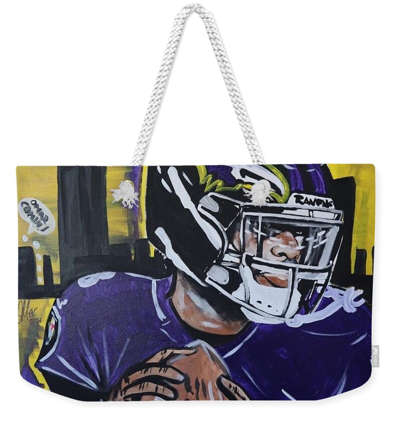 Lamar Jackson Weekender Tote Bag featuring the painting Lamar Comin by Antonio Moore