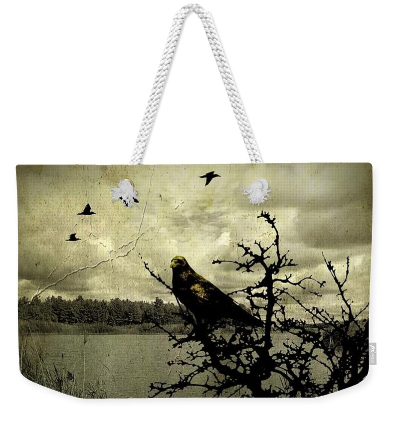 Crow Weekender Tote Bag featuring the mixed media Landscape Birds Lake Design 321 by Lucie Dumas
