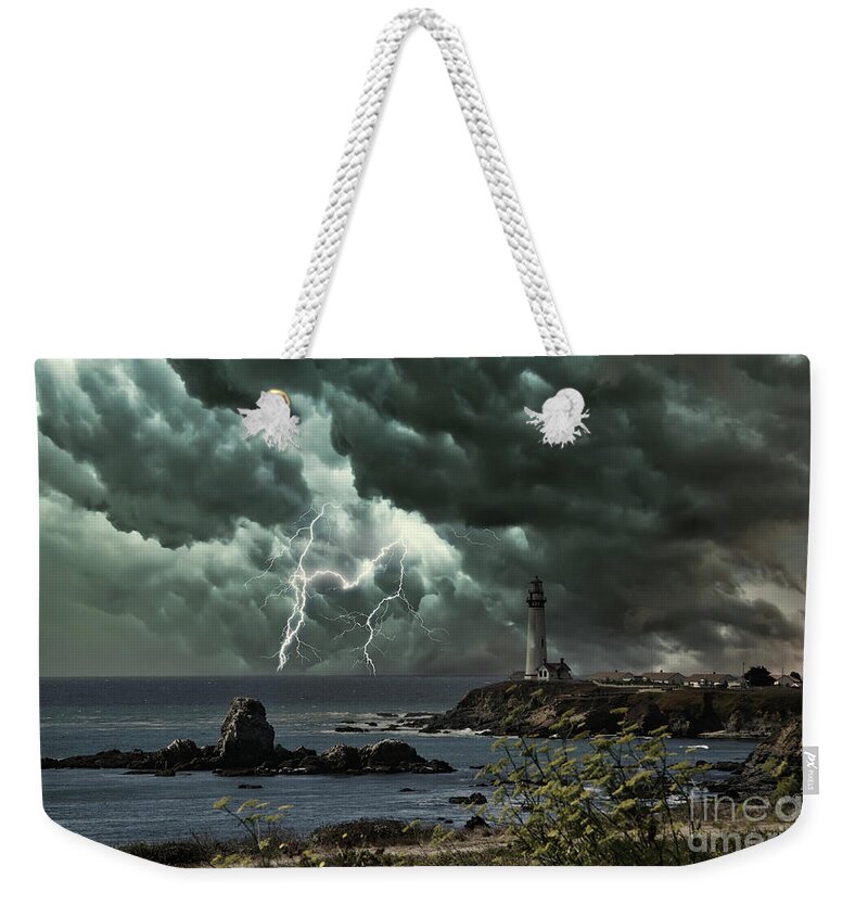 Pigeon Point Lighthouse Weekender Tote Bag featuring the photograph Landscape California Coast Lightning by Chuck Kuhn