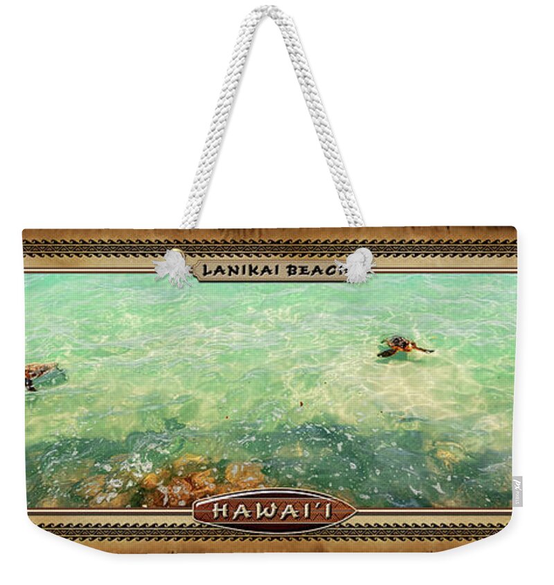 Lanikai Beach Weekender Tote Bag featuring the photograph Lanikai Beach Two Sea Turtles Hawaiian Style Panoramic Photograph by Aloha Art
