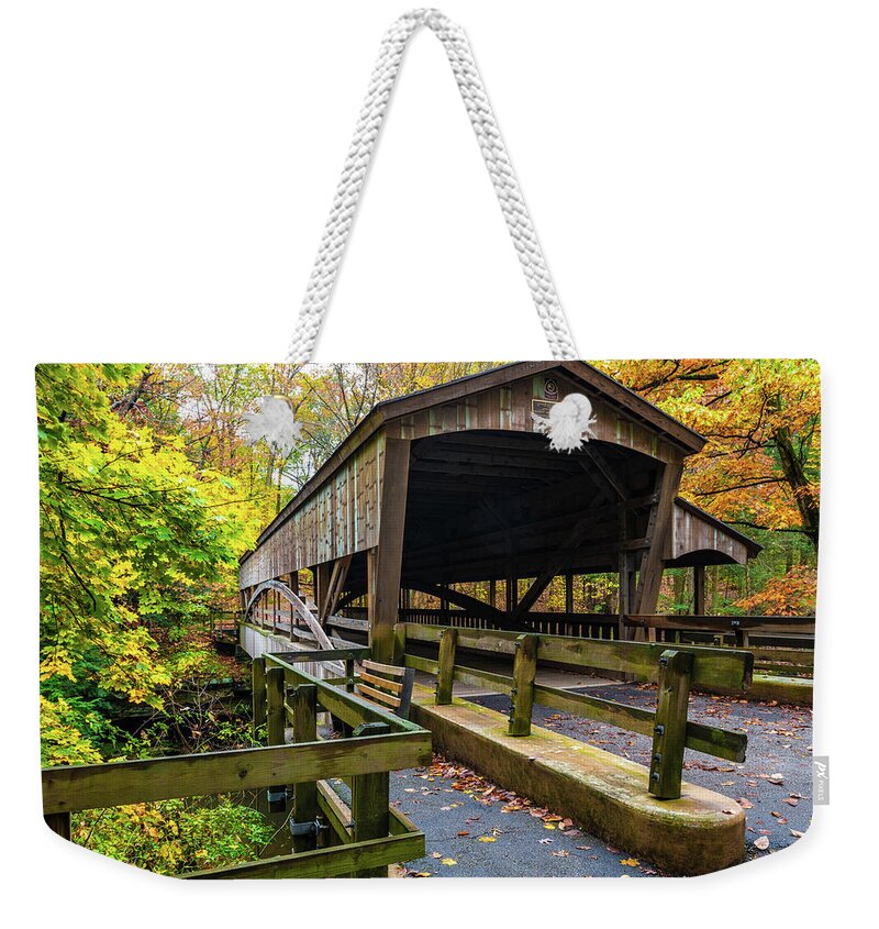 Youngstown Weekender Tote Bag featuring the photograph Lantermans Covered Bridge by Sebastian Musial