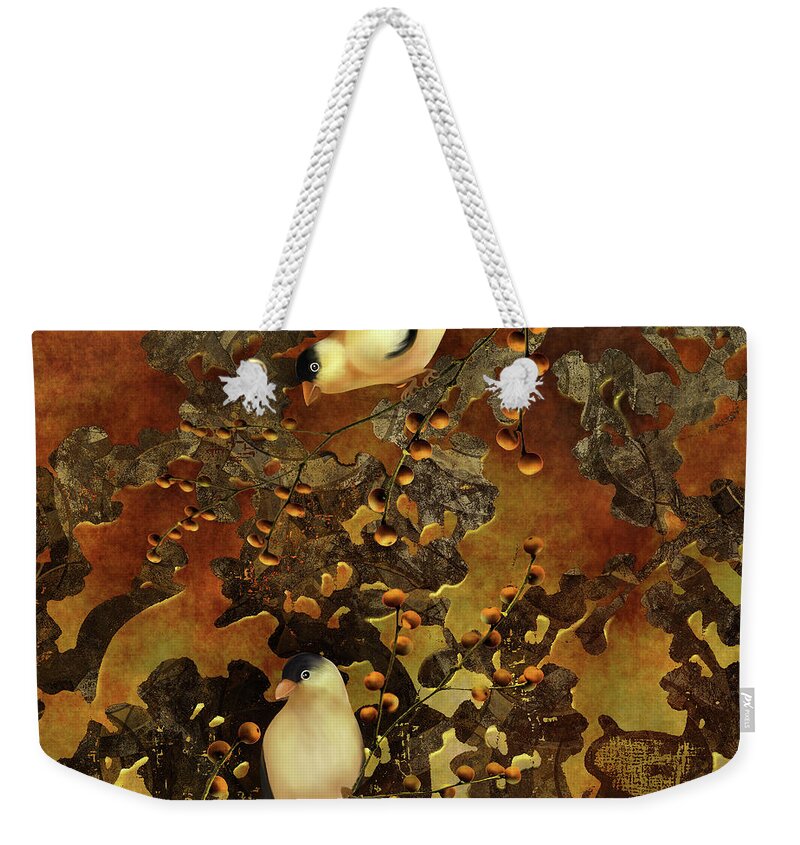 Chinoiserie Weekender Tote Bag featuring the digital art Lantern Chinoiserie Goldfinches and Berries by Sand And Chi