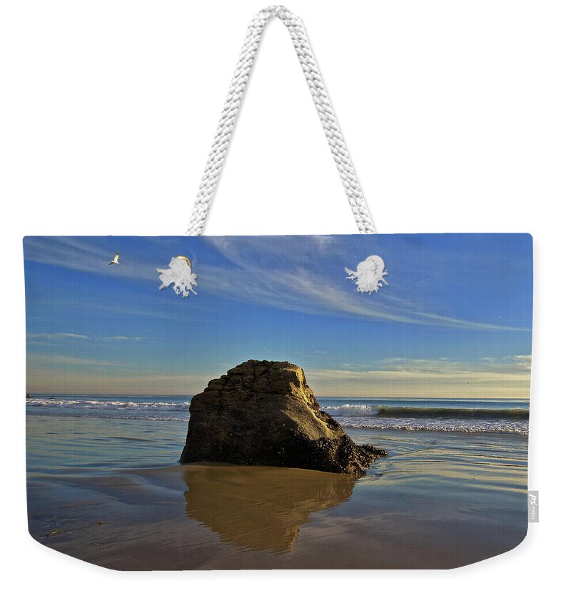 Malibu Beach Weekender Tote Bag featuring the photograph Large Shoreline Rock in Malibu by Matthew DeGrushe