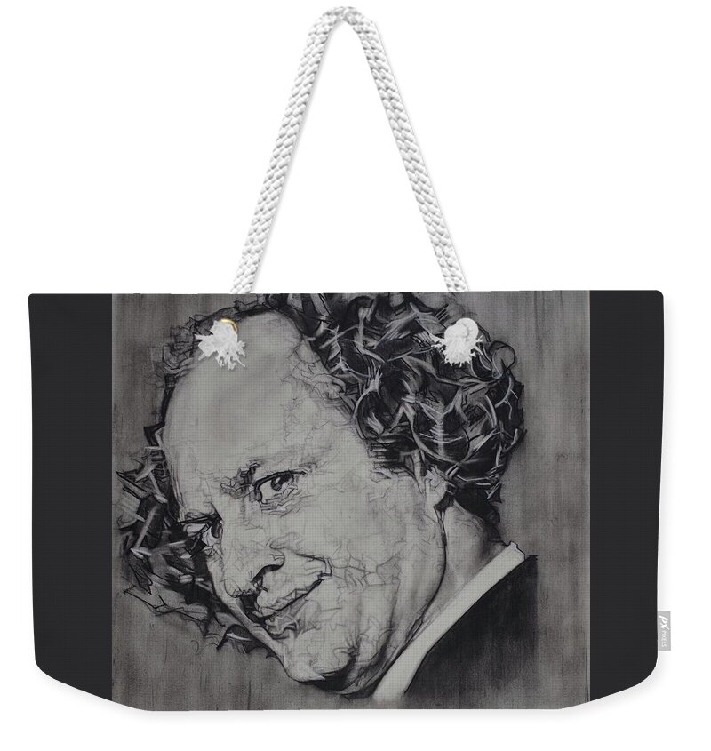 Charcoal Pencil Weekender Tote Bag featuring the drawing Larry Fine Of The Three Stooges - Where's Your Dignity? by Sean Connolly