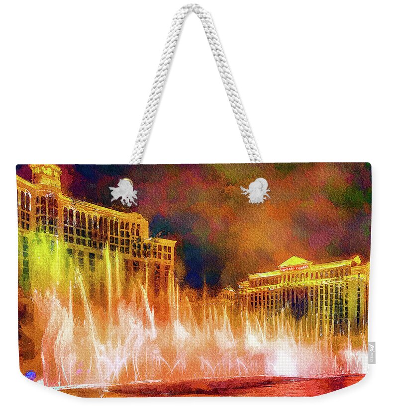 Bellagio Water Fountains Weekender Tote Bag featuring the digital art Las Vegas night water show by Tatiana Travelways