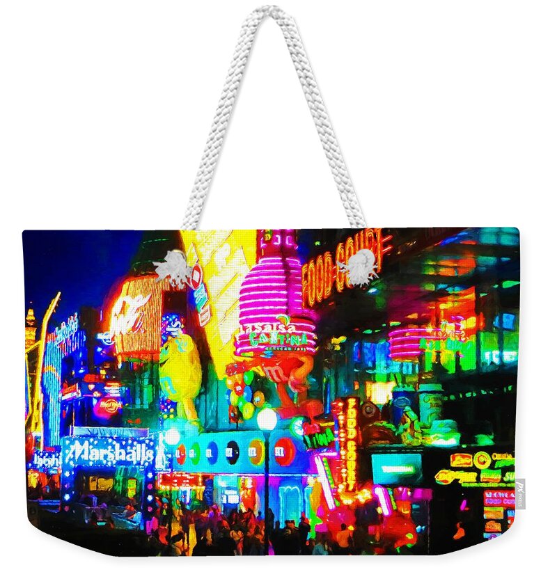 Vegas Weekender Tote Bag featuring the mixed media Las Vegas Strip at night by Tatiana Travelways