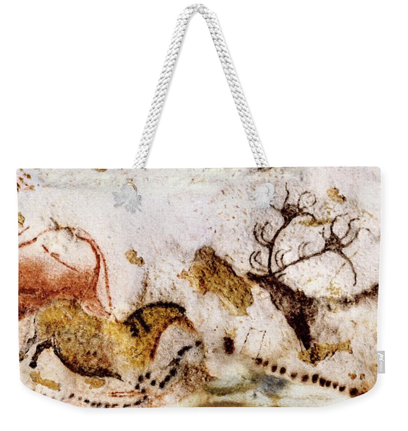 Lascaux Weekender Tote Bag featuring the digital art Lascaux Cow Horse and Deer by Weston Westmoreland