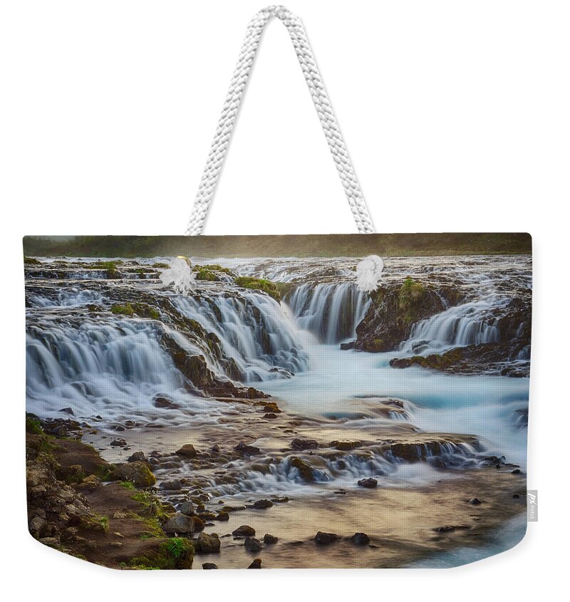 Iceland Weekender Tote Bag featuring the photograph Last Light at Bruarfoss by Amanda Jones