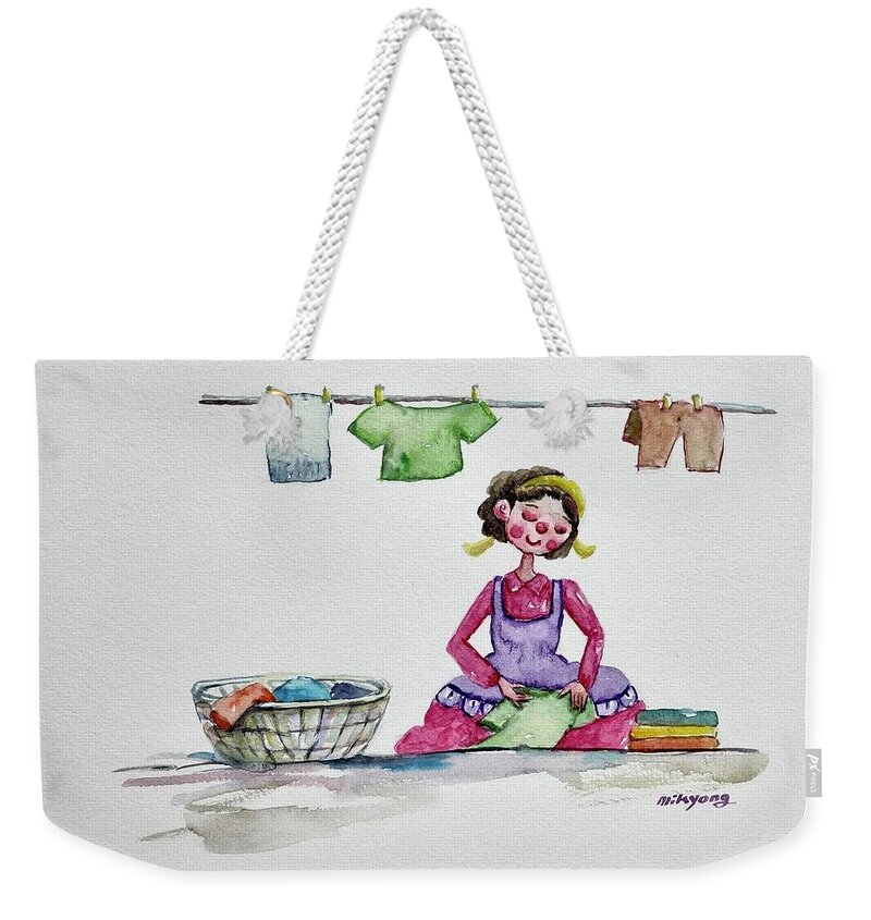 Dirty Clothes Weekender Tote Bag featuring the painting Laundry Day by Mikyong Rodgers