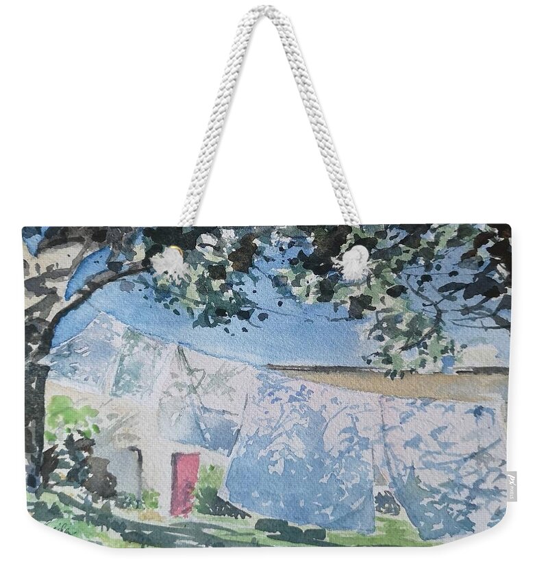 Watercolour Weekender Tote Bag featuring the painting Laundry Day by Sheila Romard