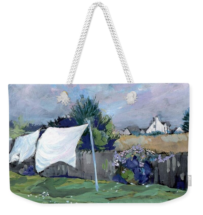 Landscape Weekender Tote Bag featuring the painting Laundry Day by Sheila Wedegis