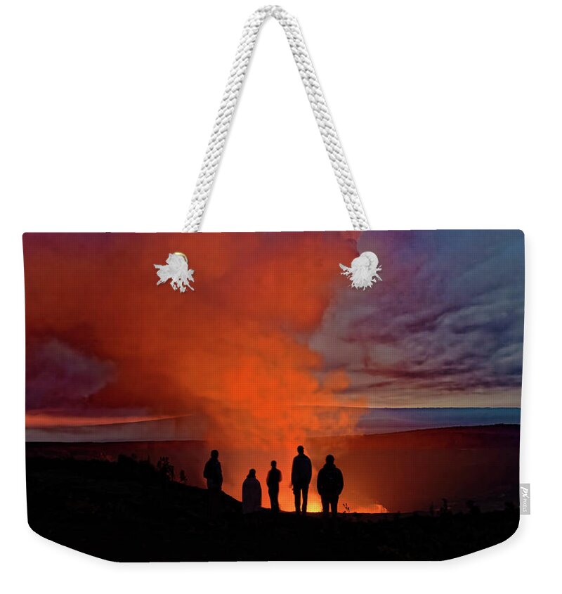 Volcanic Eruption Weekender Tote Bag featuring the photograph Lava Eruption Campfire by Heidi Fickinger