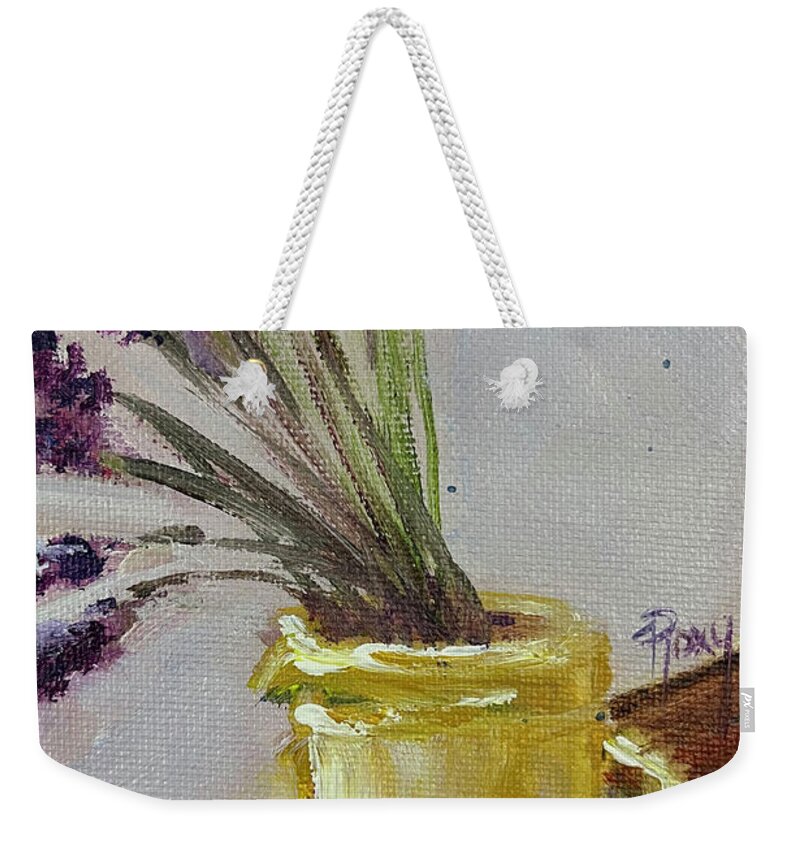 Lavender Weekender Tote Bag featuring the painting Lavender in a Yellow Pitcher by Roxy Rich