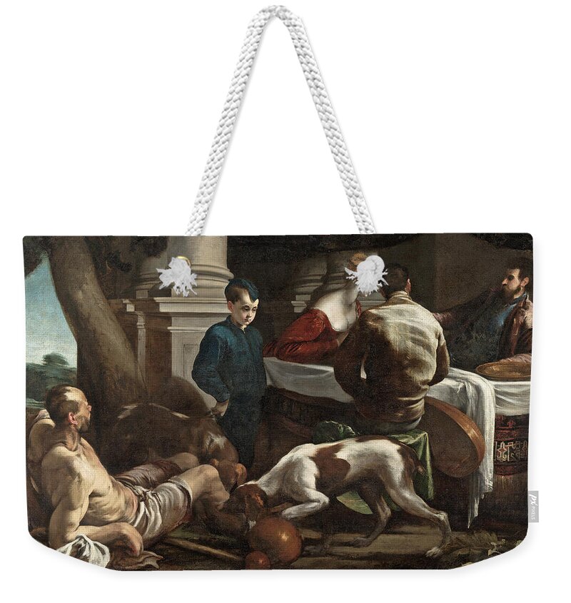 Jacopo Bassano Weekender Tote Bag featuring the painting Lazarus and the Rich Man by Jacopo Bassano