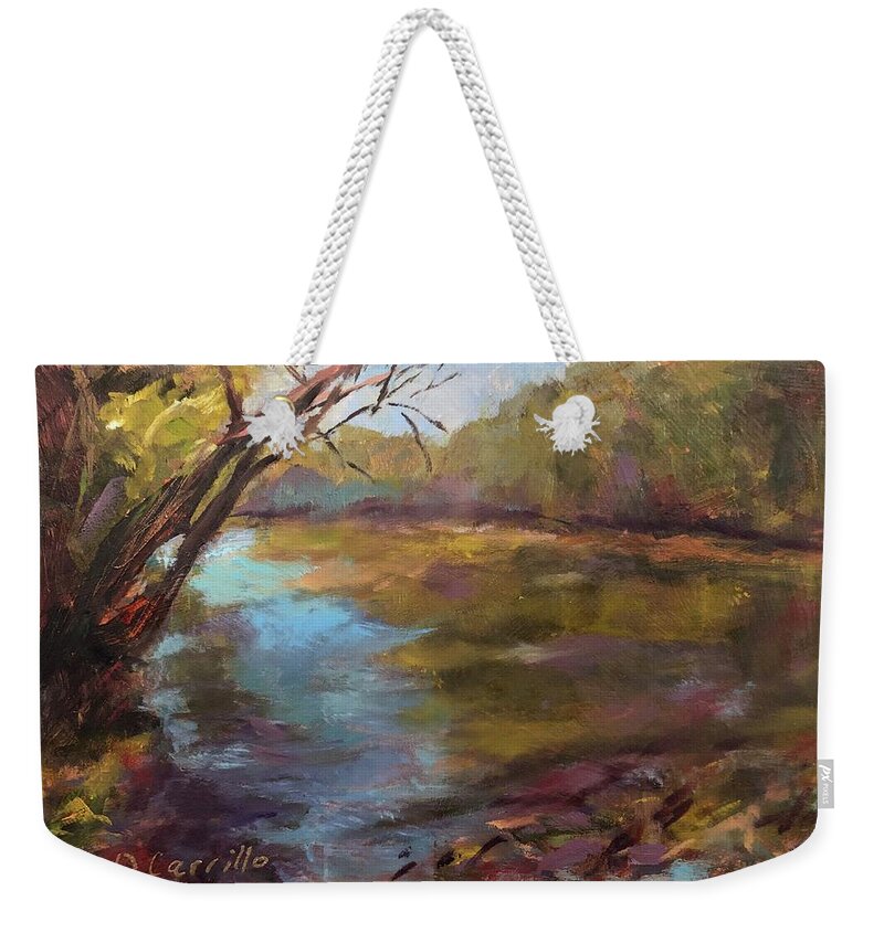 Riverscapes Weekender Tote Bag featuring the painting Lazy Day on the Huzzah by Donna Carrillo