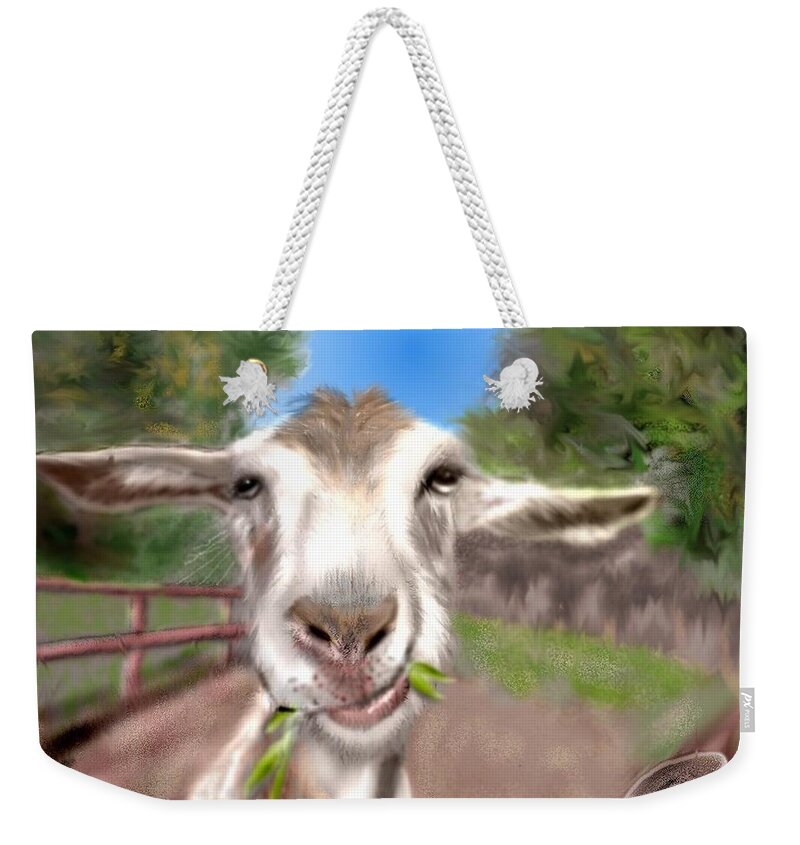 Goat Chewing Country Funny Goat Pencil Sketched Digitally Colored Weekender Tote Bag featuring the mixed media Le Goat by Pamela Calhoun