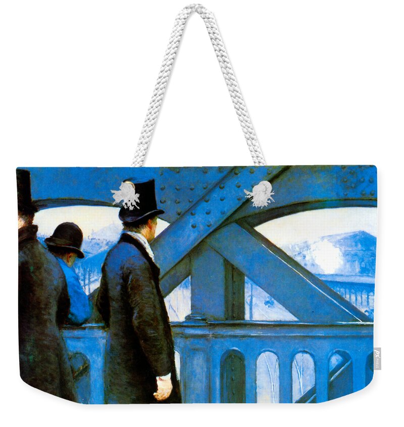 Gustave Weekender Tote Bag featuring the painting Le pont de l Europe 1877 by Gustave Caillebotte