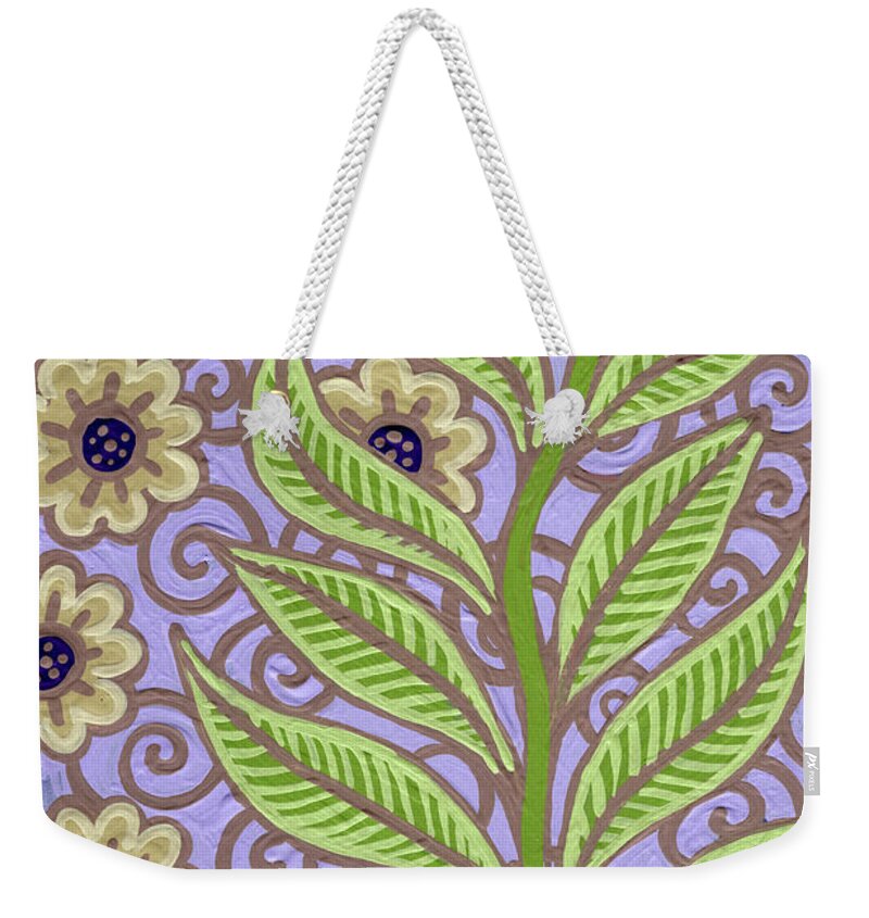 Leaf Weekender Tote Bag featuring the painting Leaf And Design Periwinkle Purple 2 by Amy E Fraser