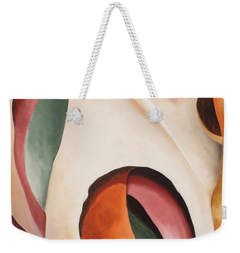 Georgia O'keeffe Weekender Tote Bag featuring the painting Leaf motif No 2 - Colorful modernist abstract nature painting by Georgia O'Keeffe