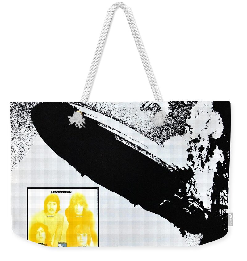 Rock And Roll Weekender Tote Bag featuring the photograph Led Zeppelin one album cover and band members by David Lee Thompson