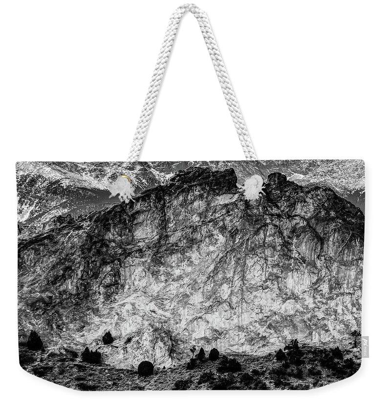 Colorado Springs Weekender Tote Bag featuring the photograph Left Panel 1 of 3 - Pikes Peak Panoramic Mountain Landscape with Garden of the Gods in Monochrome by Gregory Ballos