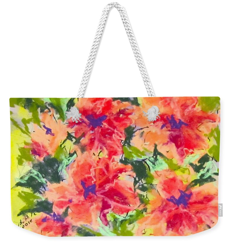 Orange Weekender Tote Bag featuring the pastel Lefthand Abstracts Series #2 Orange Floral by Barbara O'Toole