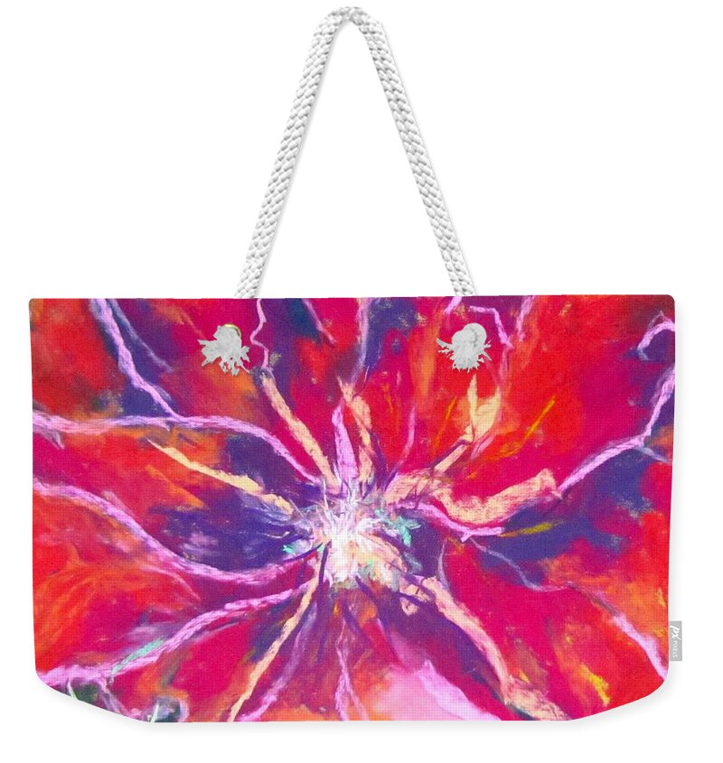 Red Weekender Tote Bag featuring the pastel Lefthand Abstracts Series #3 - Red Fora Macro by Barbara O'Toole