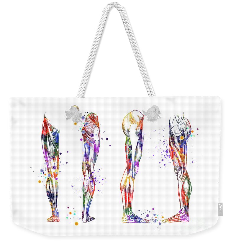 Muscles Weekender Tote Bag featuring the digital art Leg Muscles Watercolor Anatomy Gift by White Lotus