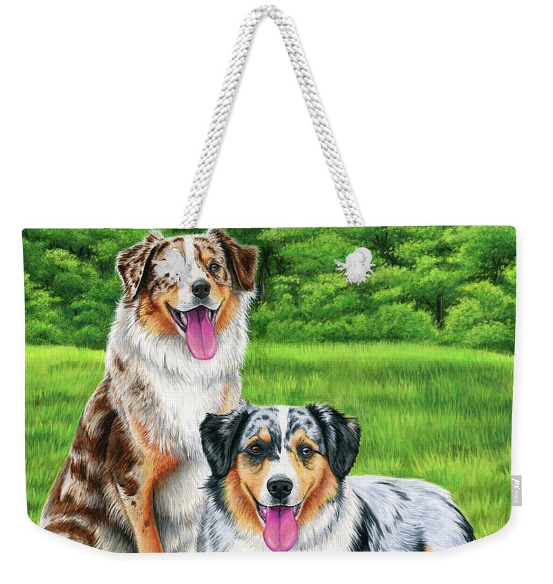 Australian Shepherd Weekender Tote Bag featuring the painting Lego and Drew by Rebecca Wang