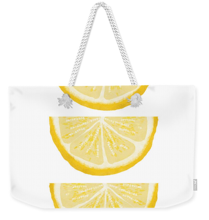 Lemons Weekender Tote Bag featuring the painting Lemon Wedges- Art by Linda Woods by Linda Woods