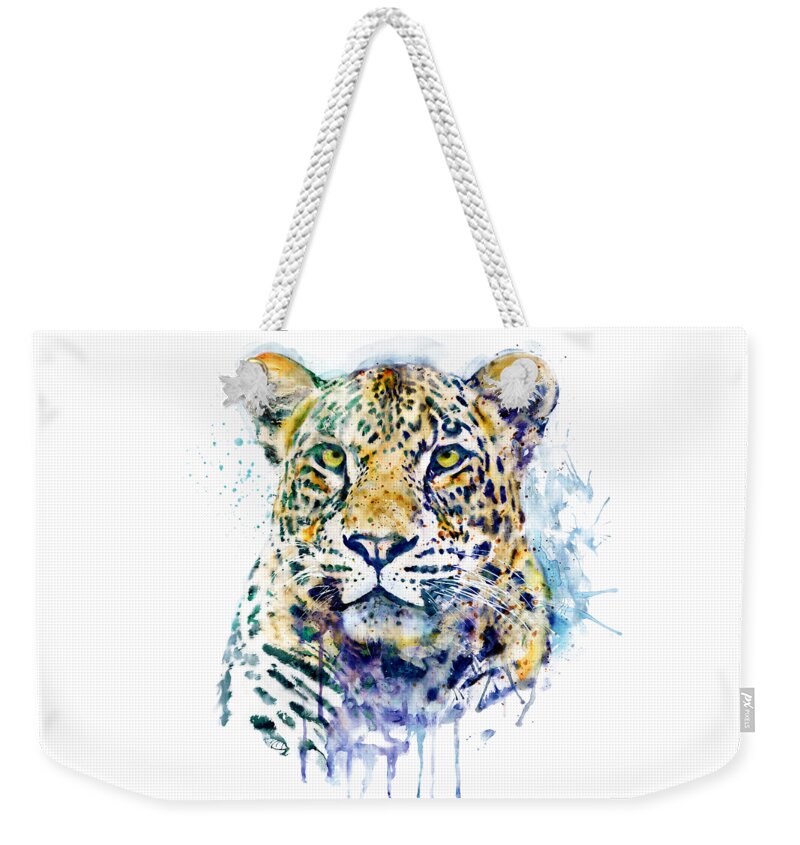 Marian Voicu Weekender Tote Bag featuring the painting Leopard Head watercolor by Marian Voicu