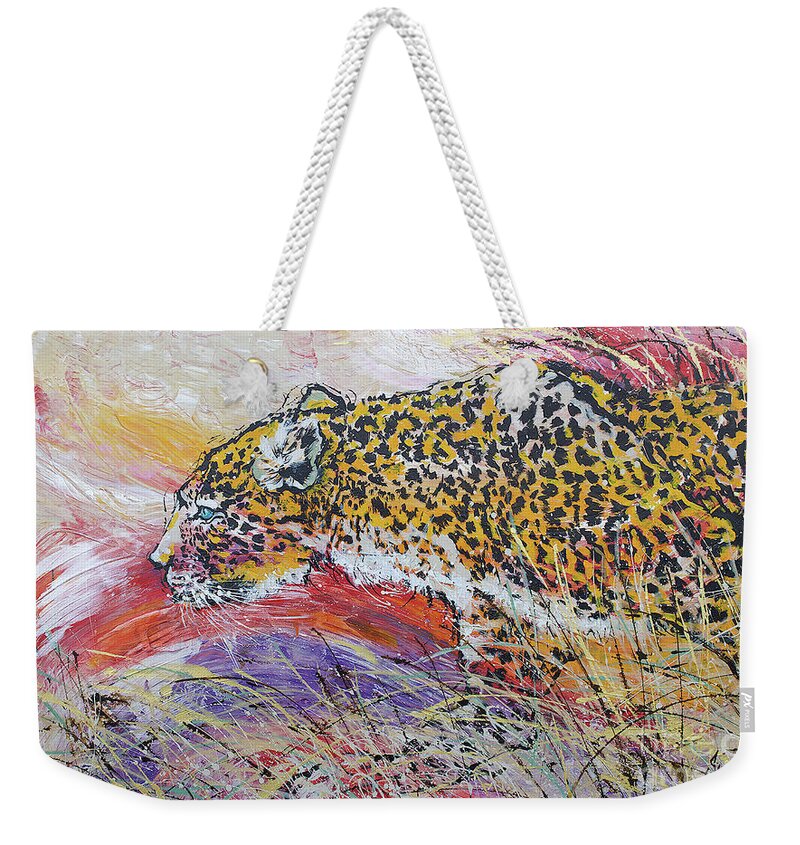 Leopard Weekender Tote Bag featuring the painting Leopard's Gaze by Jyotika Shroff
