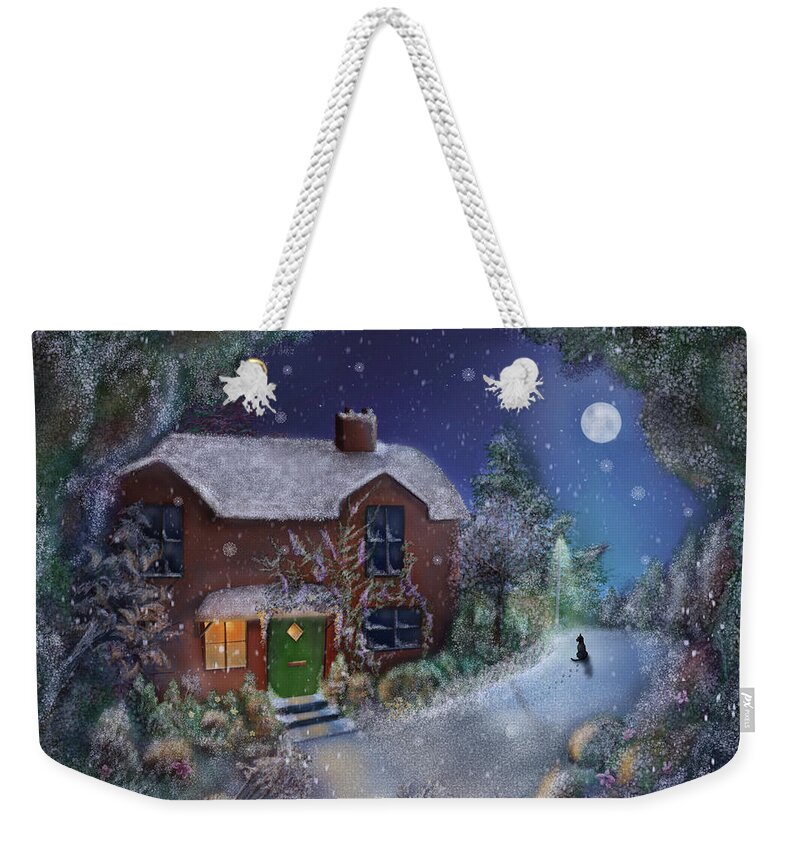 A Cosy Country Cottage Nestles In Amongst The Tree As The Snow Gently Drifts Down Coating All Insight With A Magical Weekender Tote Bag featuring the painting Let it Snow by Rachel Emmett