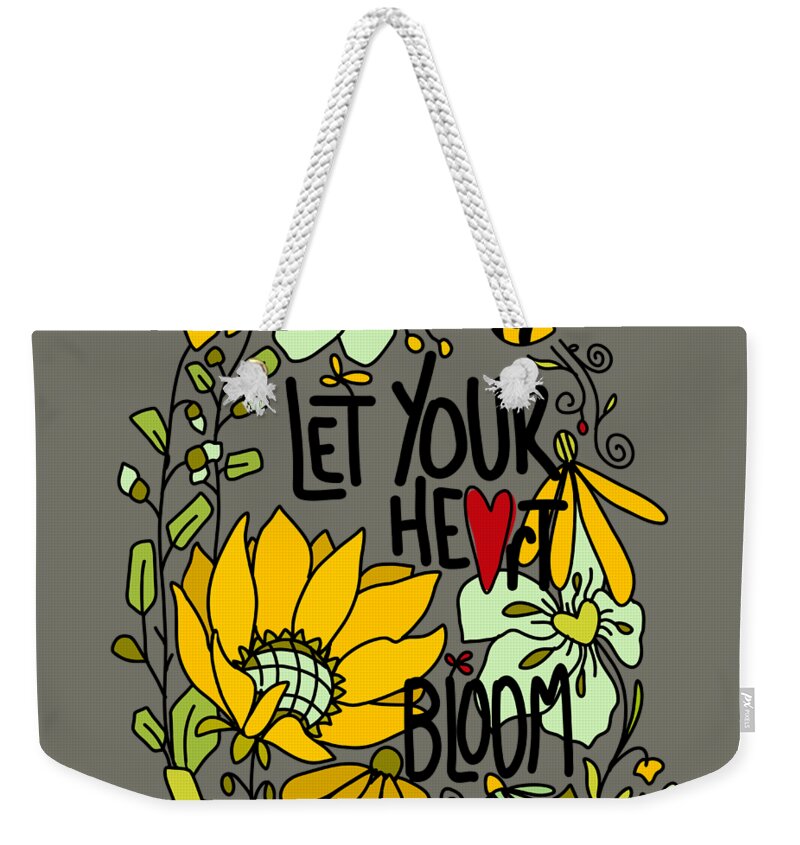 Let Your Heart Bloom Weekender Tote Bag featuring the digital art Let Your Heart Bloom - Mint Green and Yellow and Black Line Art by Patricia Awapara