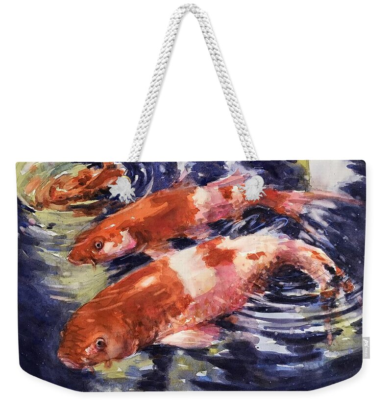 Koi Weekender Tote Bag featuring the painting Lets go Swimming Under the Stars Tonight by Judith Levins