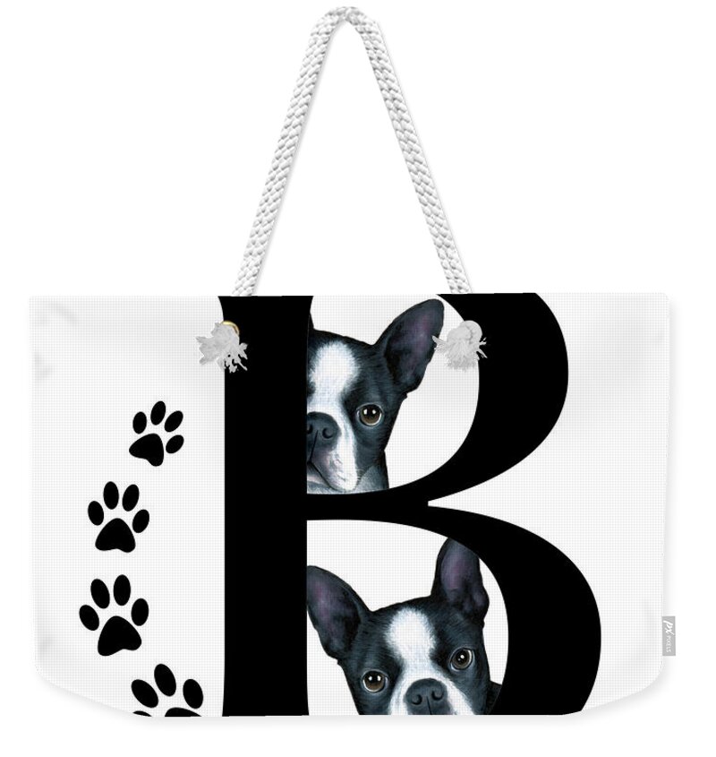 Letter B Weekender Tote Bag featuring the mixed media Letter B Monogram with Boston Terrier Dogs by Lucie Dumas