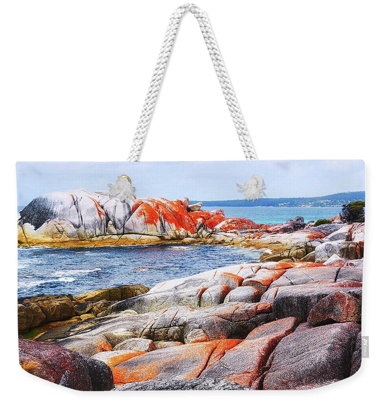 Tantalising Weekender Tote Bag featuring the photograph Lichen Covered Rocks by Lexa Harpell