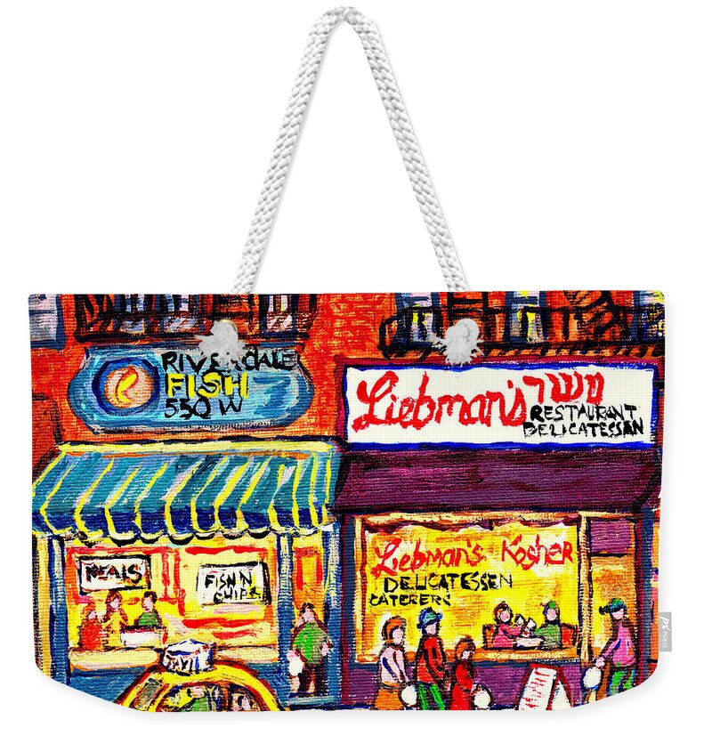 Riverdale Fish Market Weekender Tote Bag featuring the painting Liebman's Kosher Deli Nyc Bronx Foodtown Riverdale Fish Best Seafood Market C Spandau Paints Usa Art by Carole Spandau