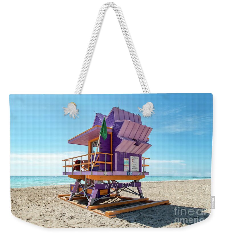 Atlantic Weekender Tote Bag featuring the photograph Lifeguard Tower 100 South Beach Miami, Florida by Beachtown Views