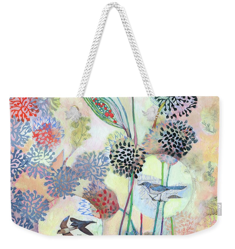 Floral Weekender Tote Bag featuring the mixed media Lifting Up and Letting Go into the Light of the Song by Jennifer Lommers