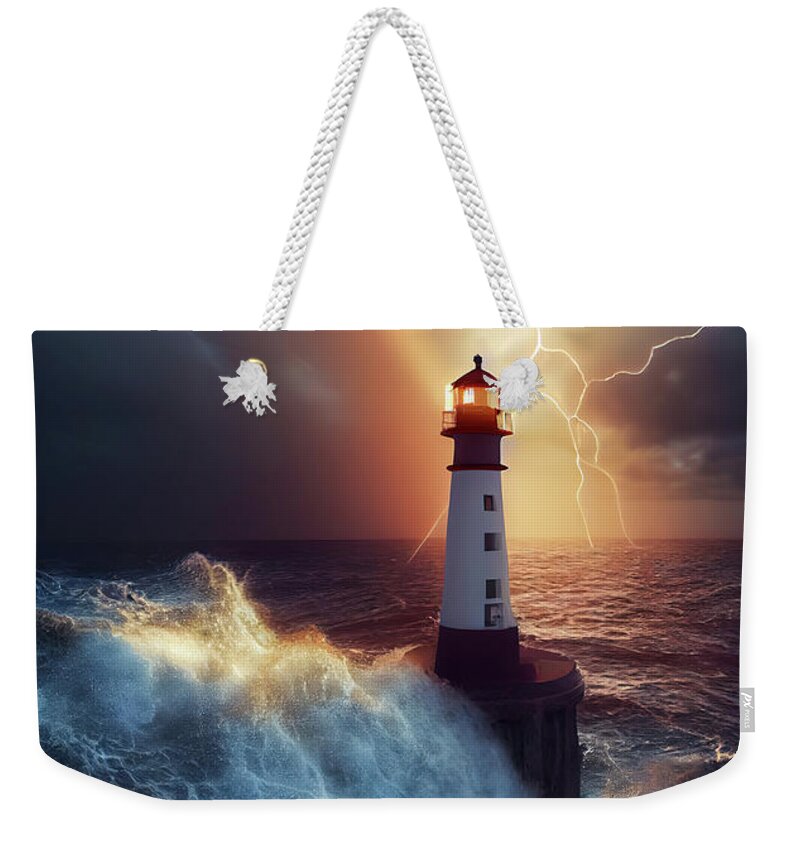 Lighthouse Weekender Tote Bag featuring the digital art Lighthouse 07 Waves and Stormy Weather by Matthias Hauser