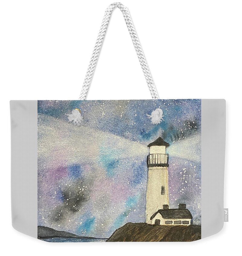 Lighthouse Weekender Tote Bag featuring the painting Lighthouse at Night by Lisa Neuman