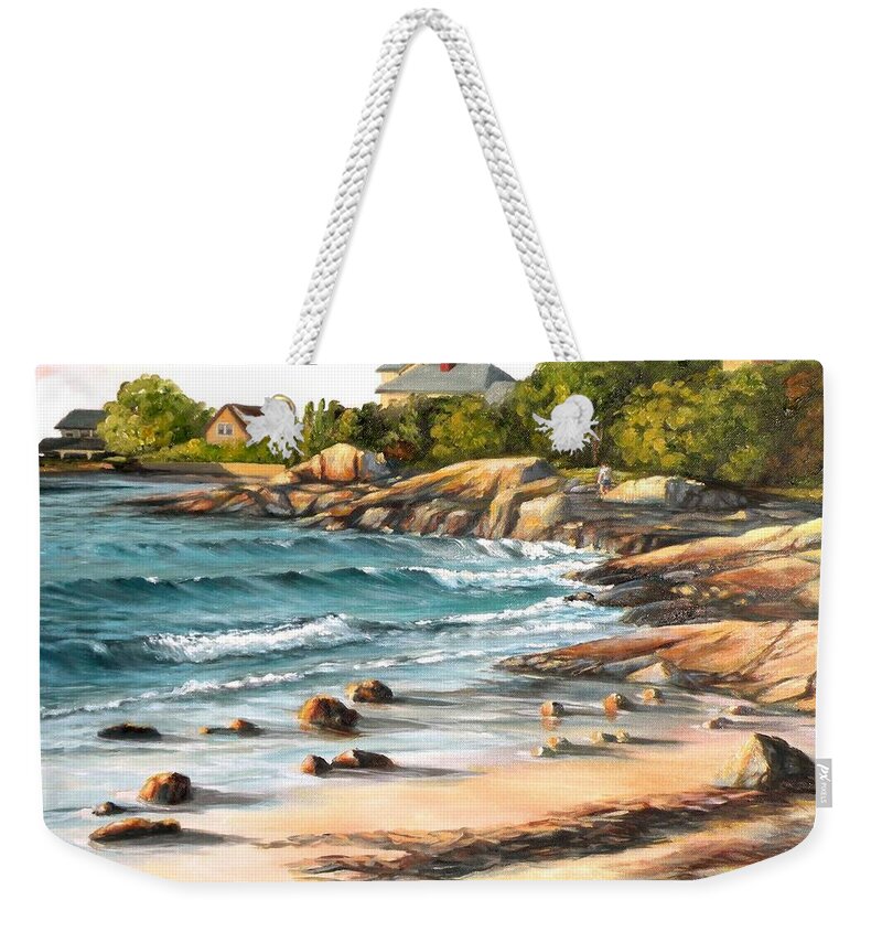 Lighthouse Beach Weekender Tote Bag featuring the painting Lighthouse Beach, Annisquam, MA by Eileen Patten Oliver